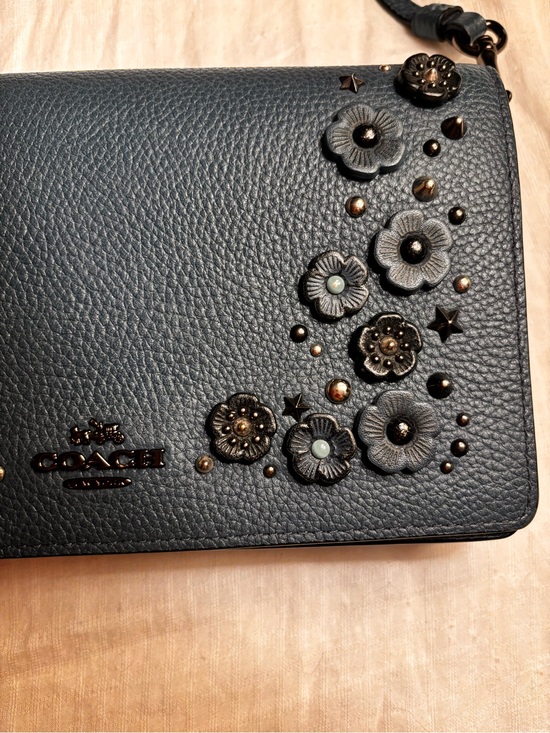 Coach Handbags - Coach Phone Crossbody – Dark Blue Pebbled Floral & Studs– Like New